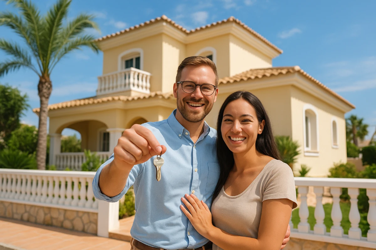 Couple d'acheteurs étrangers heureux devant une propriété sur la Costa Blanca, Espagne
