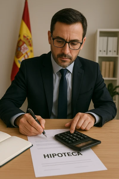 Conseiller bancaire espagnol calculant un taux d'endettement pour un prêt immobilier