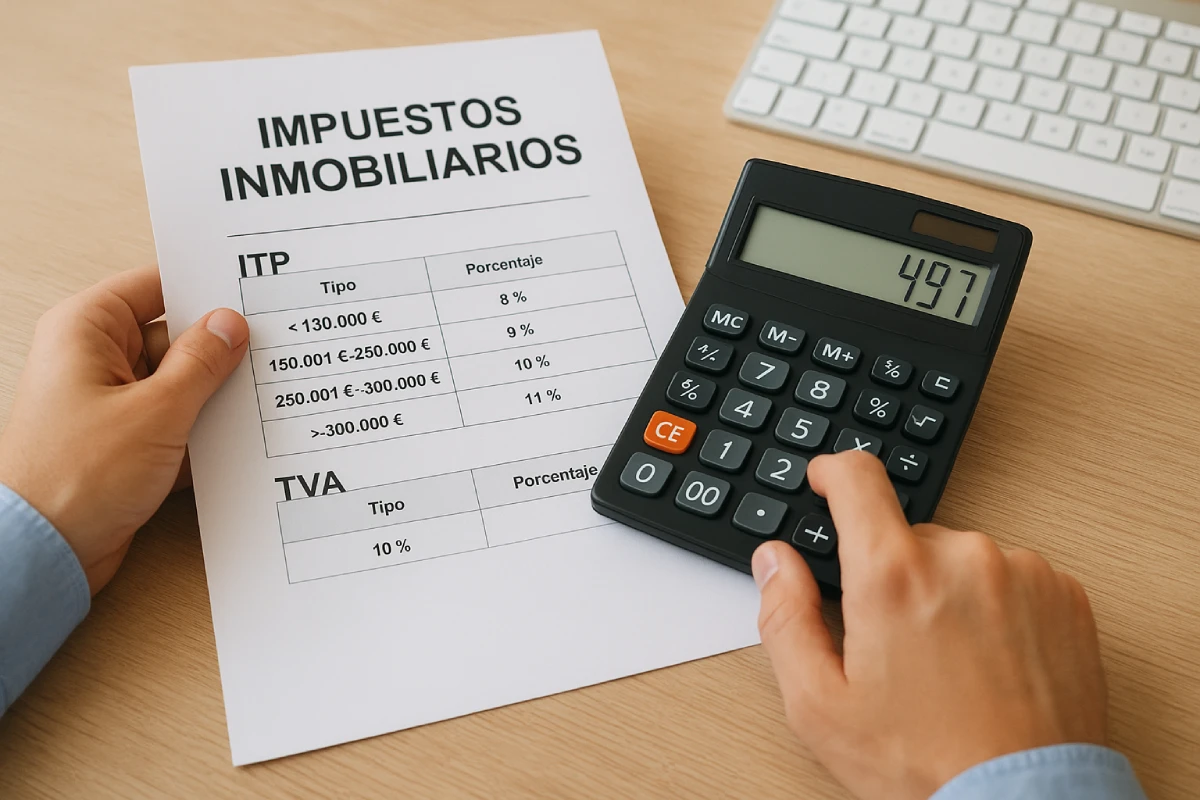 Personne utilisant une calculatrice pour estimer les taxes d'un investissement immobilier en Espagne (ITP, TVA)