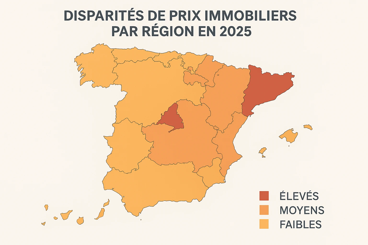Carte de l'Espagne montrant les disparités de prix immobiliers par région