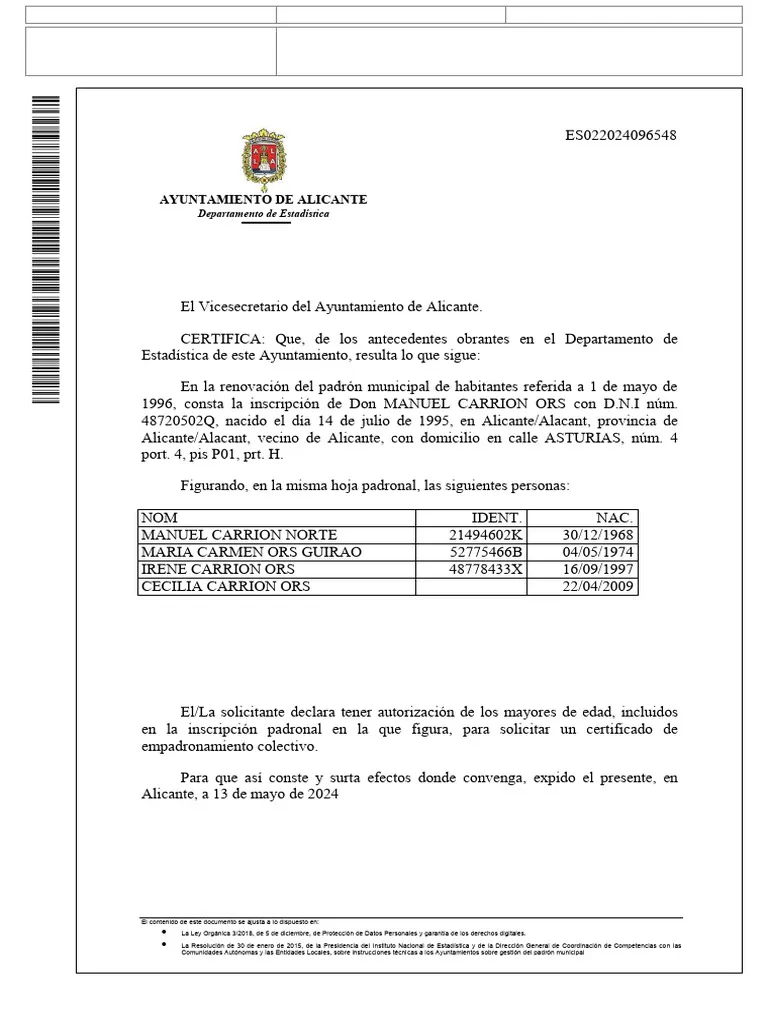 Exemple d'un document 'Certificado de Empadronamiento' espagnol