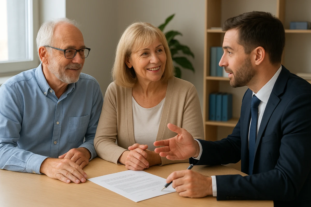Un couple d'expatriés en rendez-vous avec un conseiller bancaire en Espagne