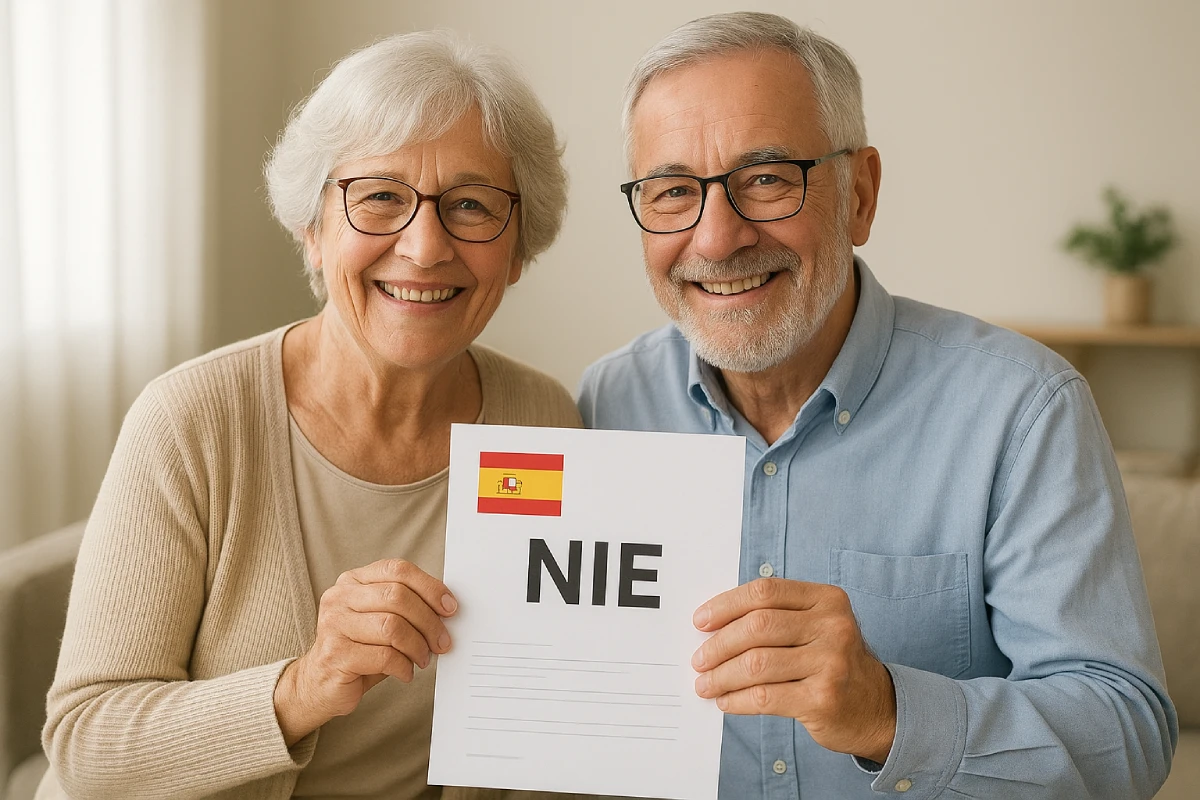 Couple de retraités français souriant, tenant leur document NIE officiel, étape clé de leur expatriation en Espagne