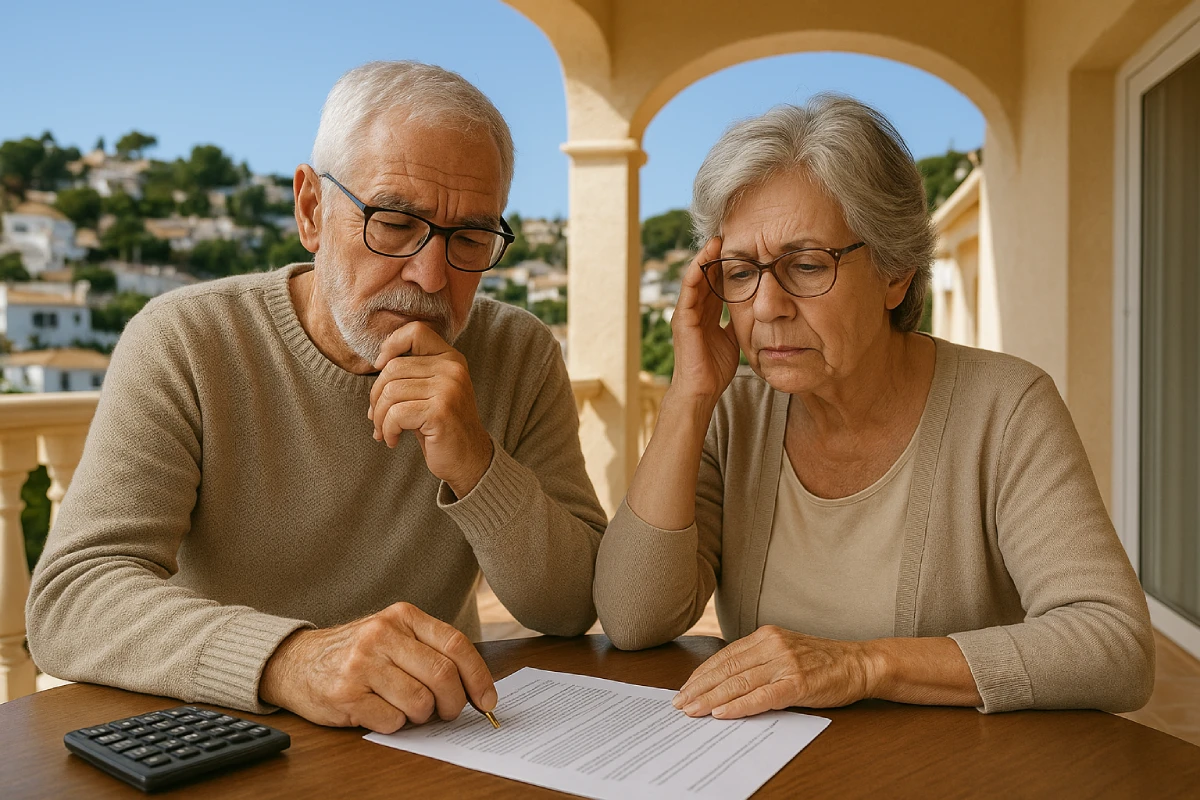 Couple de retraités seniors sur la terrasse de leur maison en Espagne, réfléchissant au financement