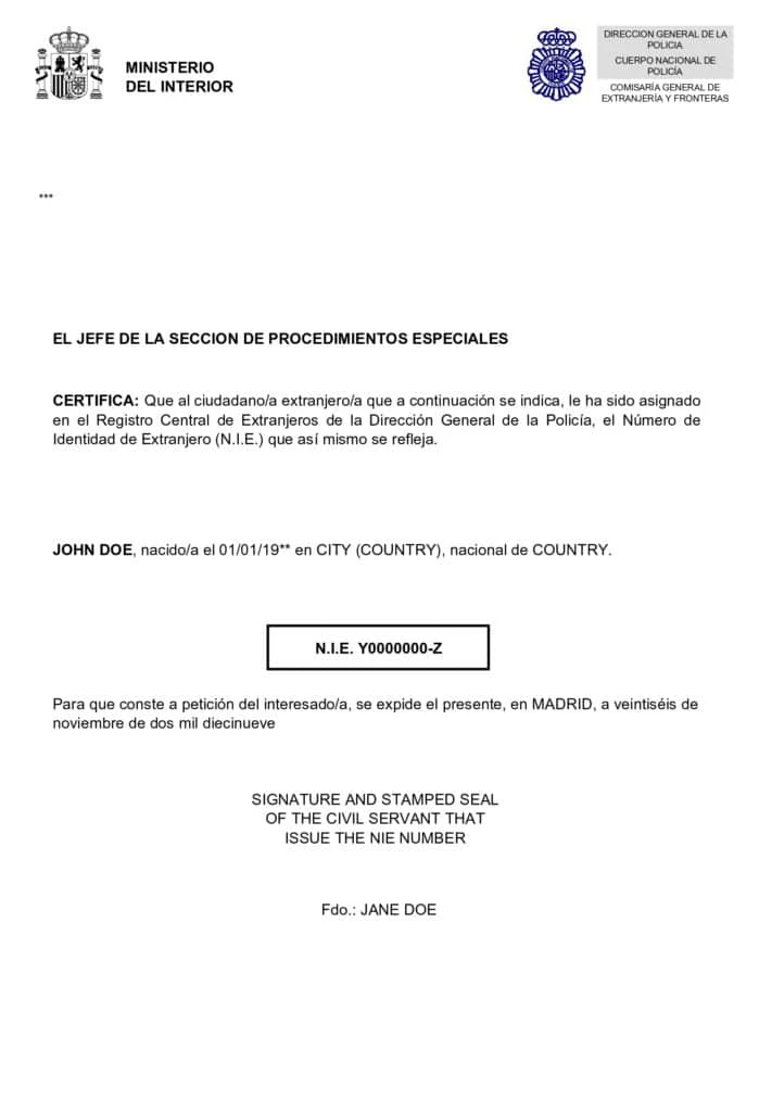 Exemple du document officiel A4 blanc attribuant le numéro de NIE espagnol