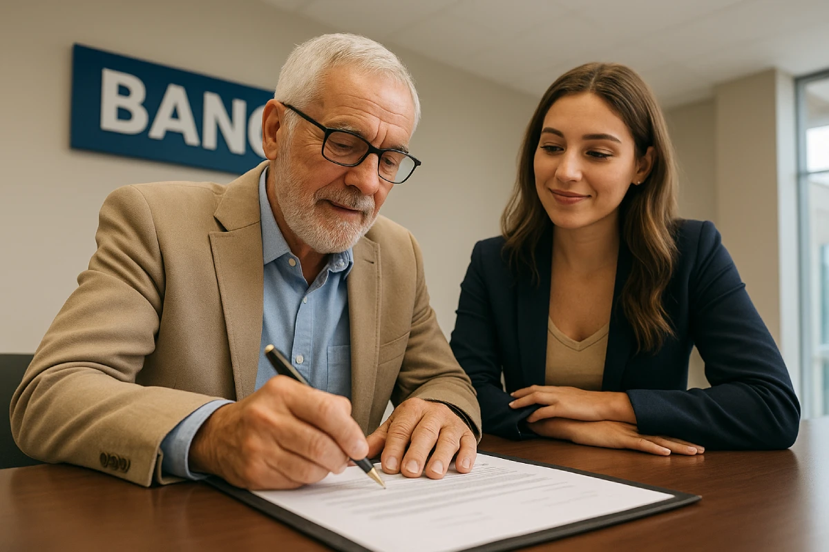 Retraité signant un prêt avec sa fille comme co-emprunteur dans une banque espagnole