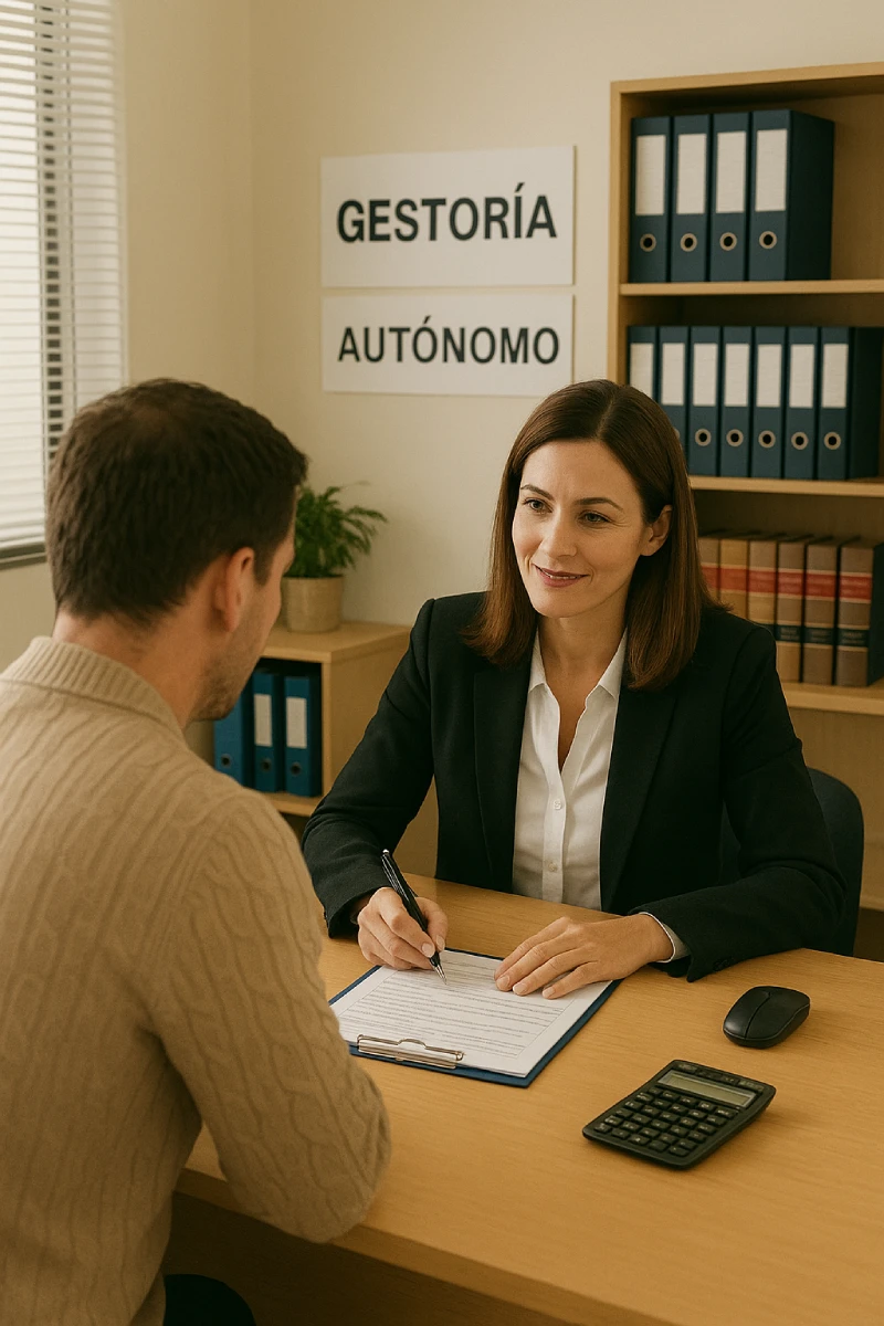 Bureau d'une gestoría (comptable) en Espagne aidant un client à s'inscrire comme autónomo