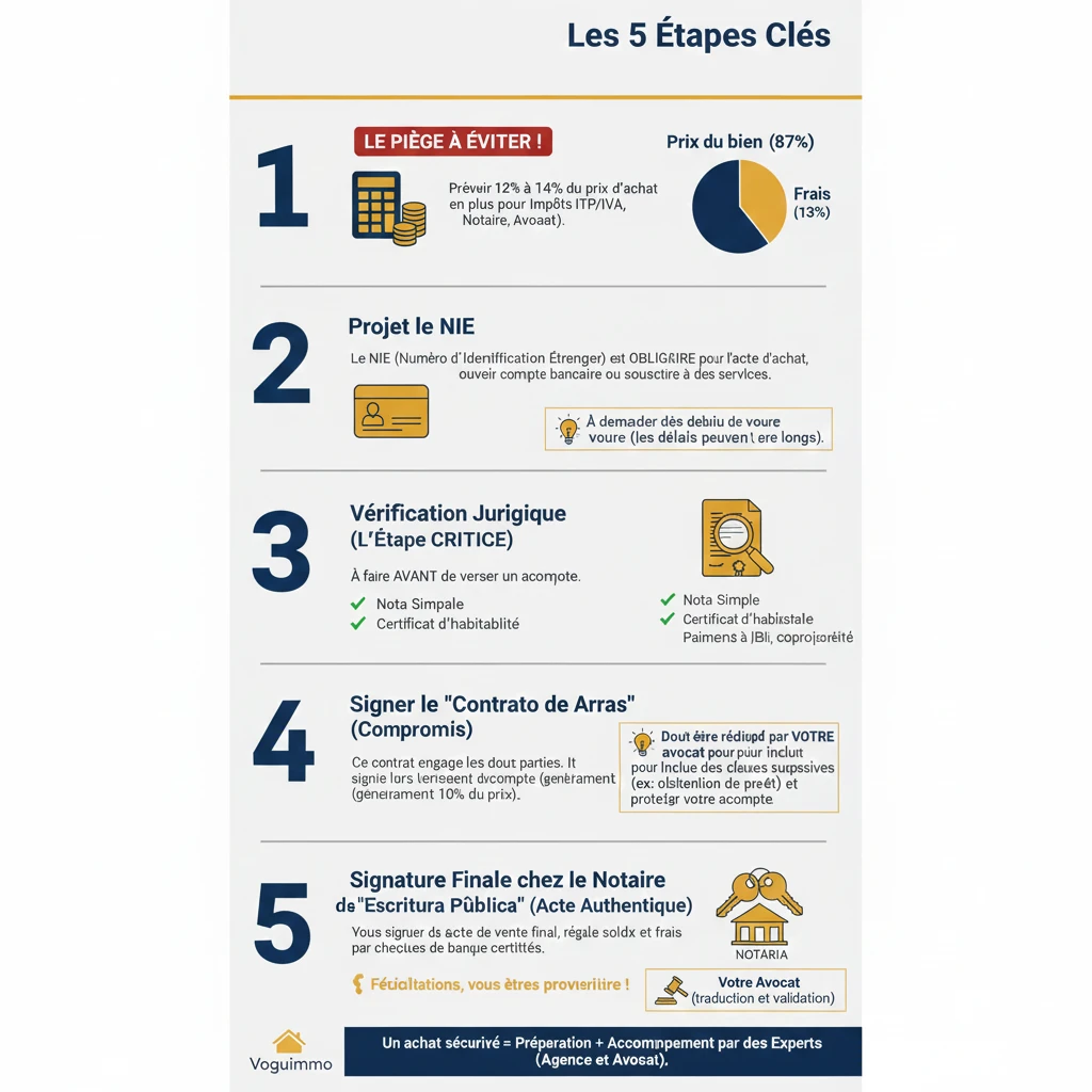 Infographie décrivant les 5 étapes de l'achat immobilier en Espagne