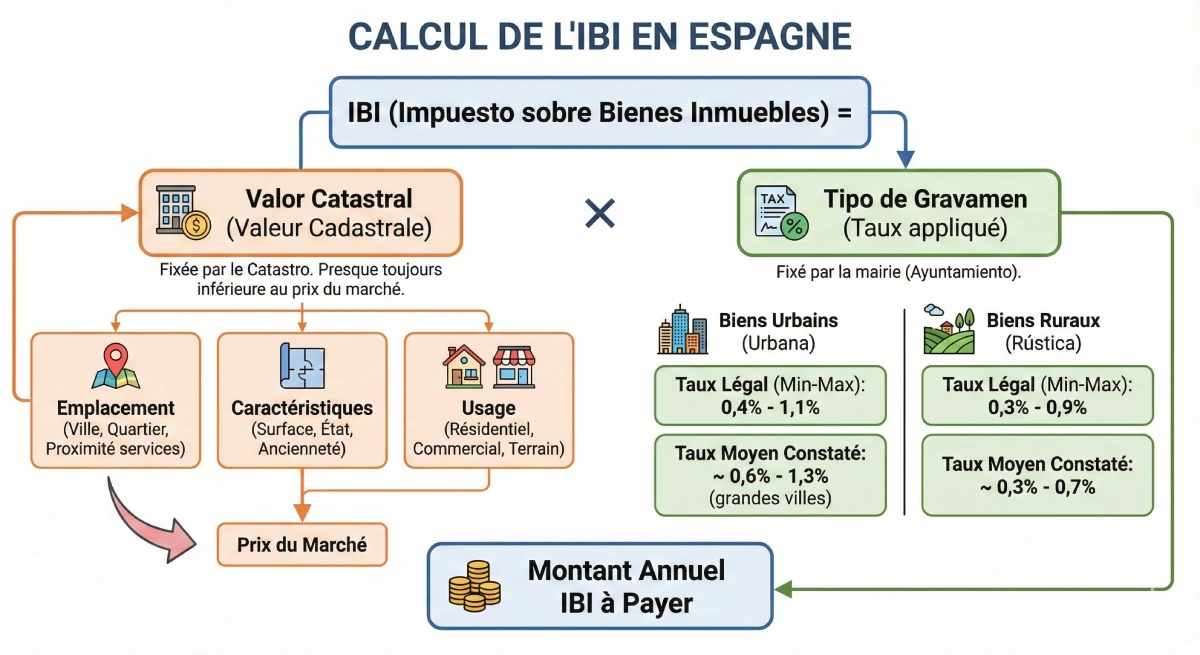 Infographie décrivant le calcul de l'IBI en Espagne : (Valor Catastral x Tipo de Gravamen)