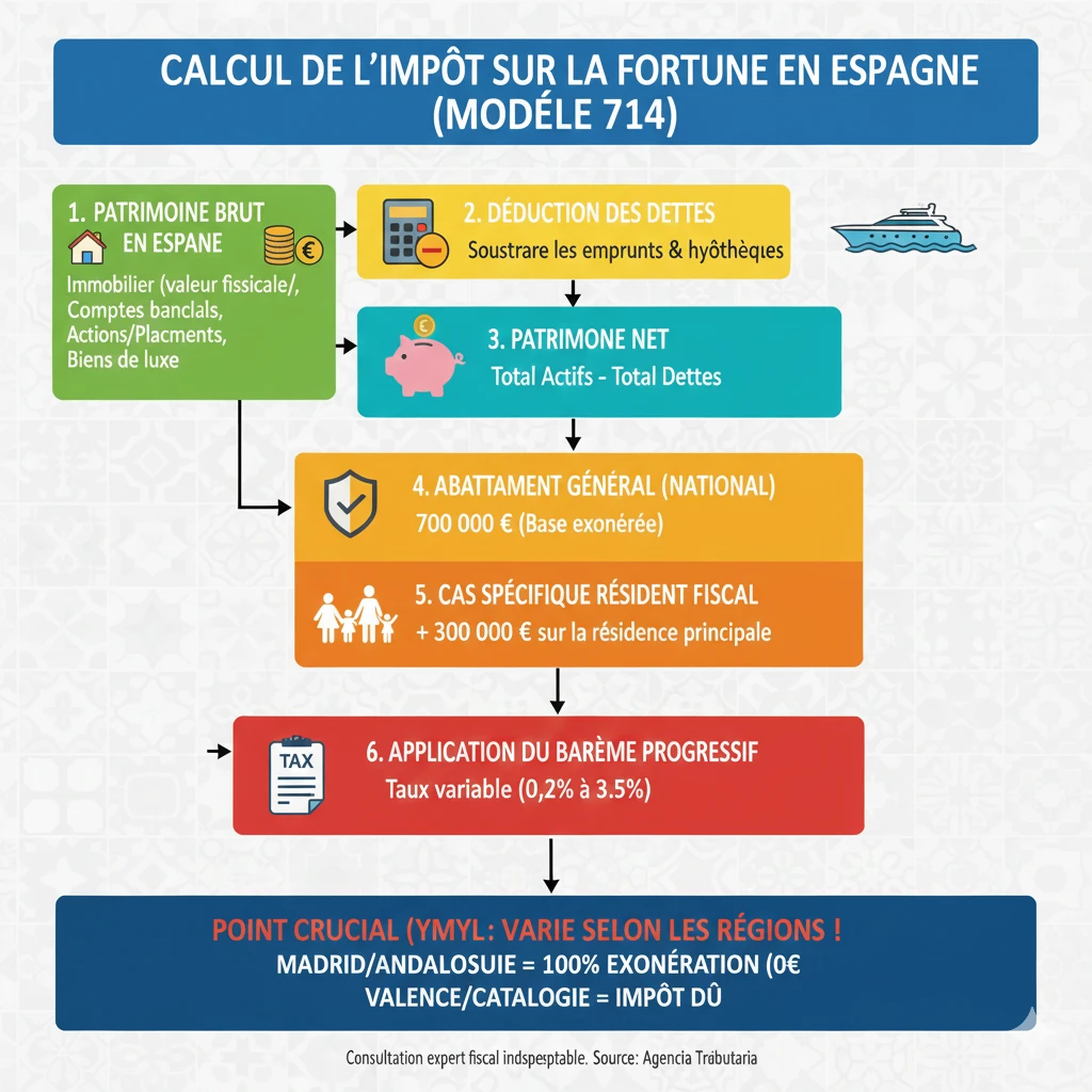 Infographie décrivant le calcul de l'impôt sur la fortune en Espagne