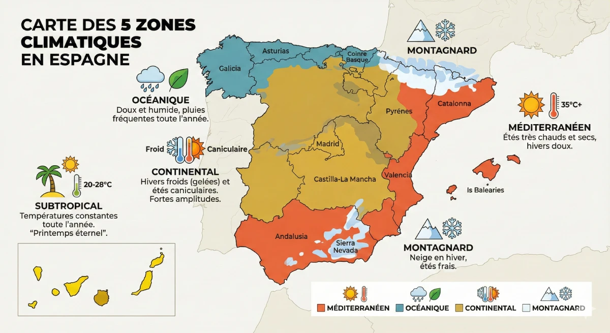 Infografía que describe el mapa de las 5 zonas climáticas de España