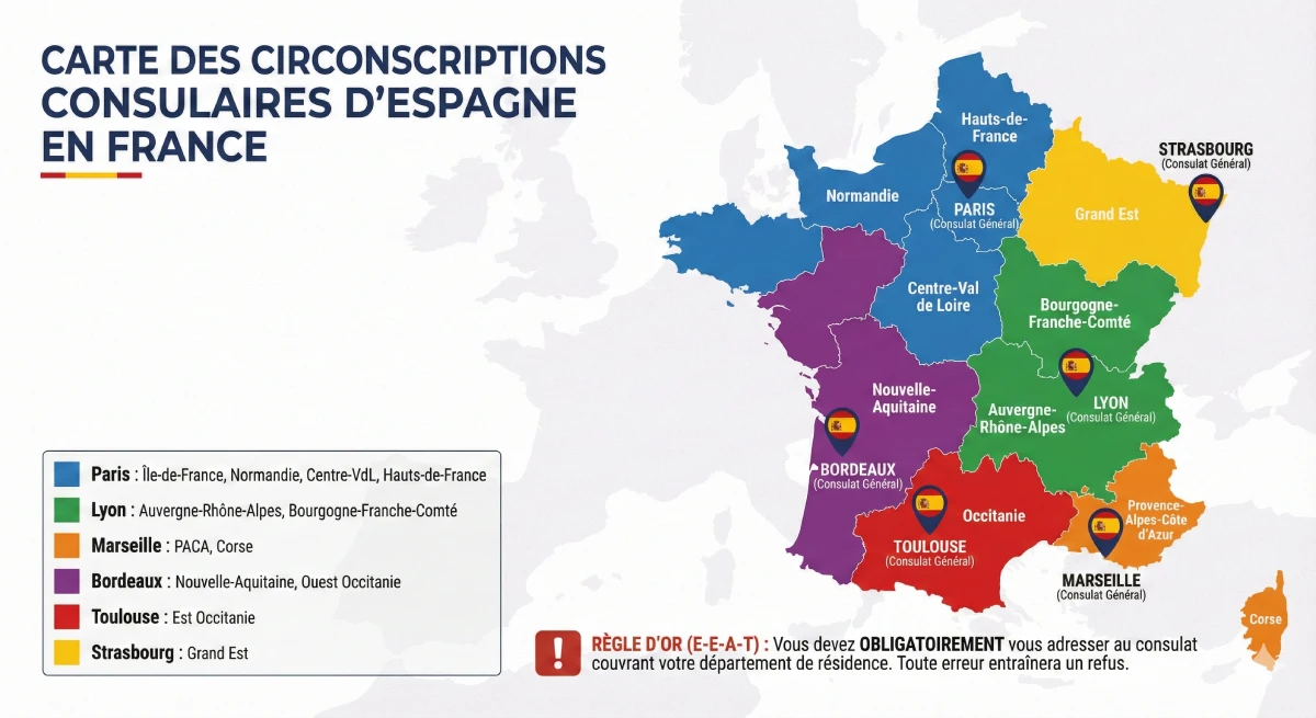 Infographie de la carte de France montrant les zones de compétence de chaque consulat espagnol (Paris, Lyon, Bordeaux, Toulouse, Marseille, Strasbourg)