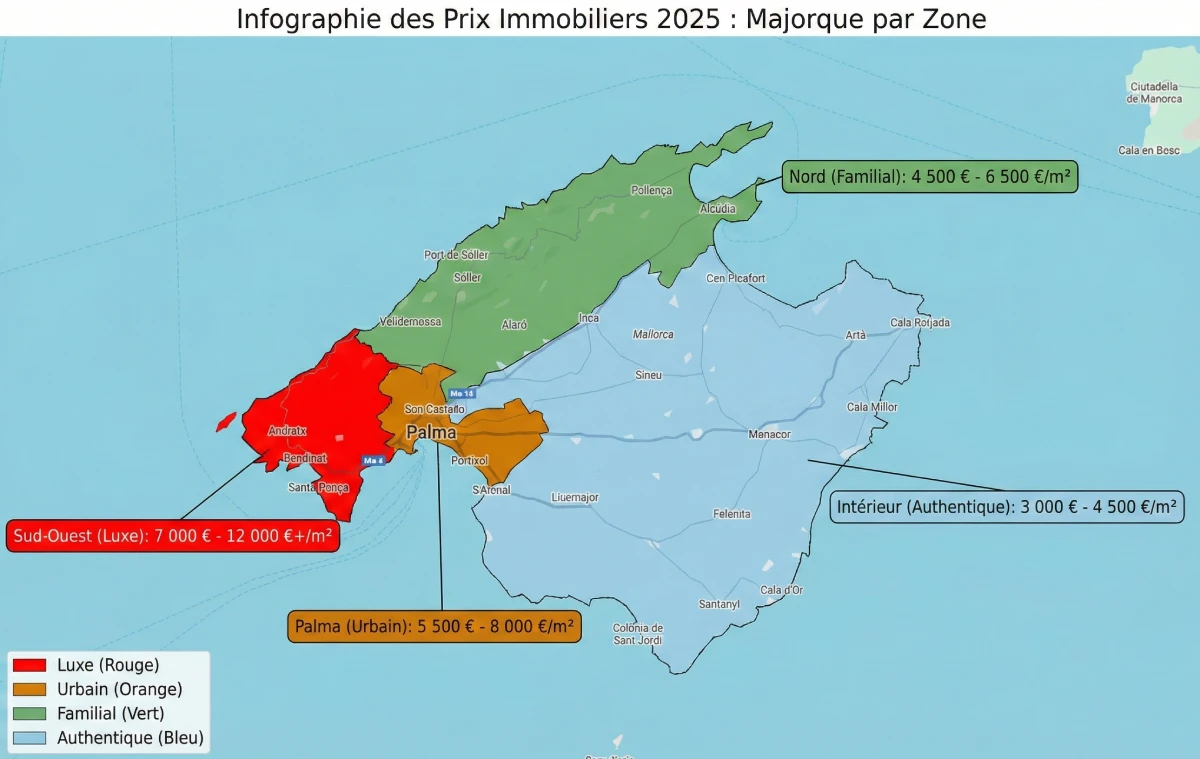 Infographie carte des prix immobiliers par zone à Majorque en 2025