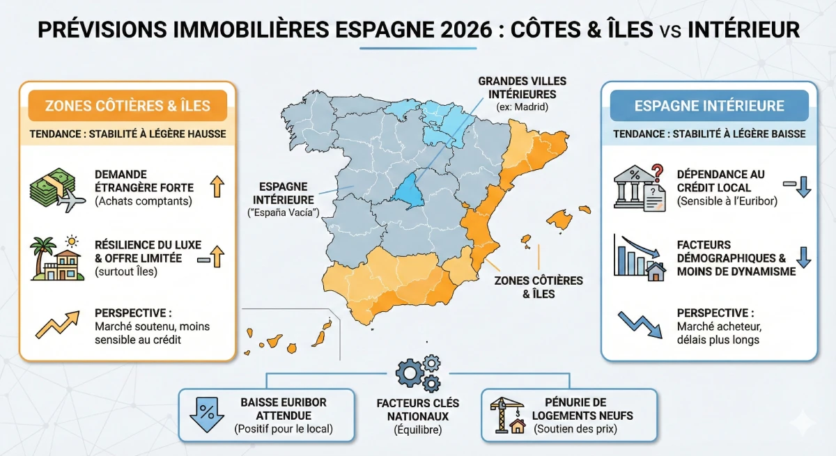 Infographie décrivant les prévisions de prix immobiliers par région en Espagne pour 2026 (Côtes vs Intérieur)