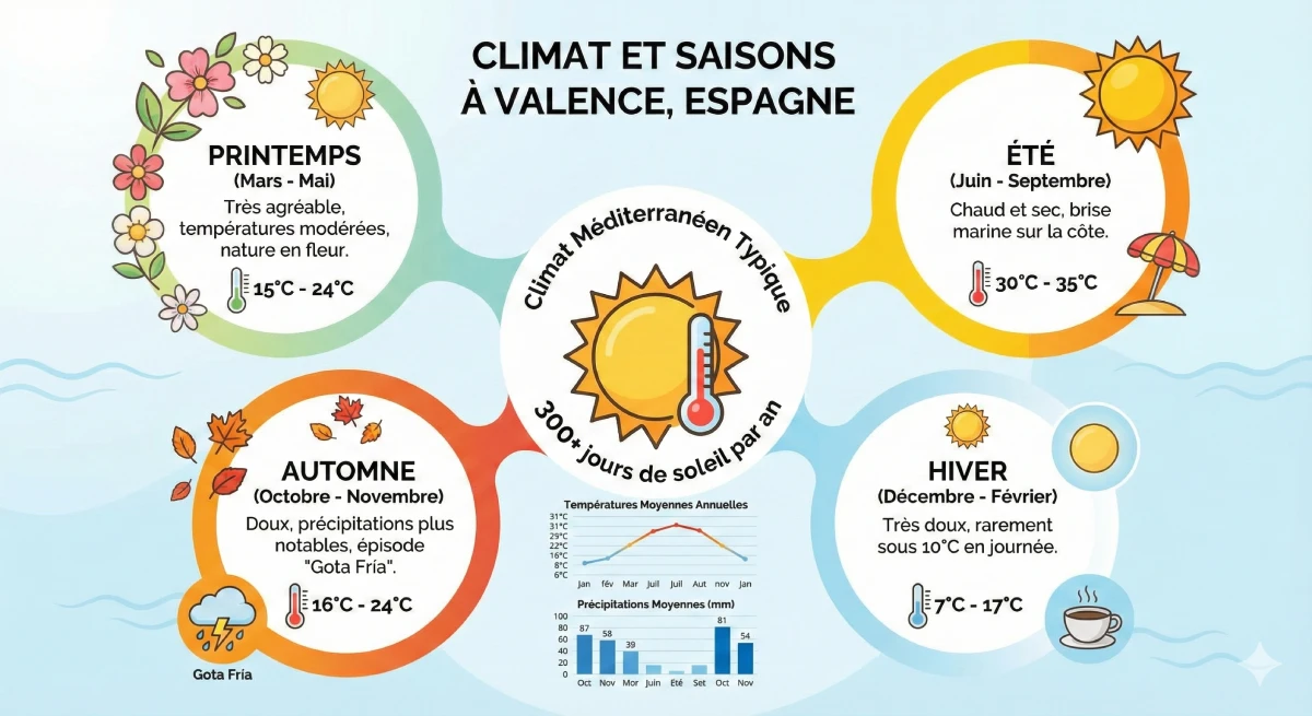Infografía que describe el clima y las estaciones en Valencia, España