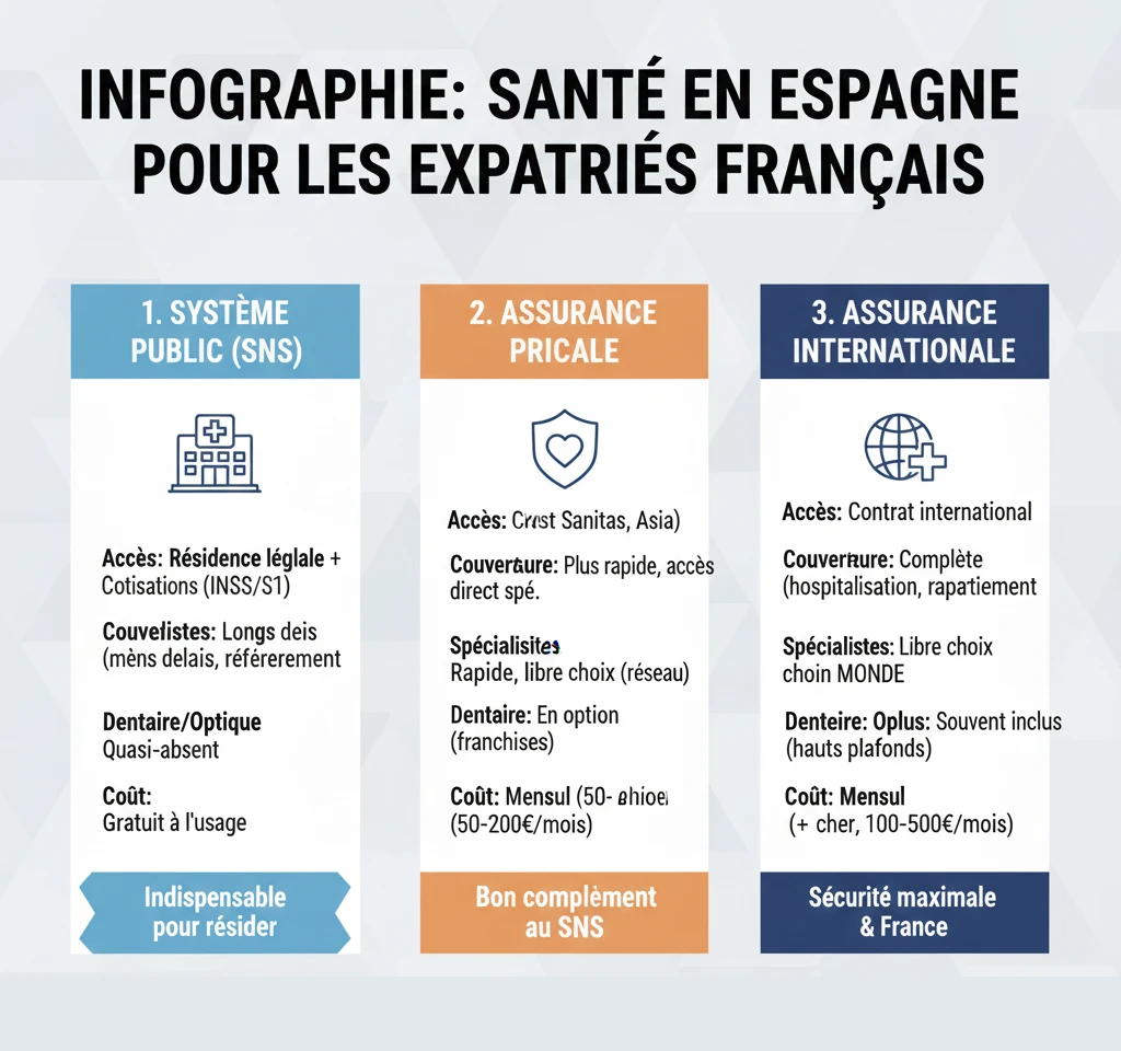 Infographie comparant le système de santé public (SNS), privé local et international en Espagne pour un expatrié