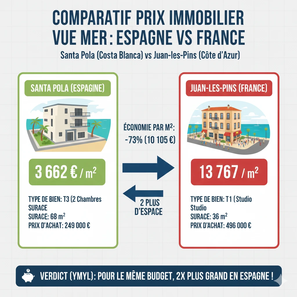 Infographie comparant le prix au m² de l'immobilier à Santa Pola (Espagne) et Juan-les-Pins (France)