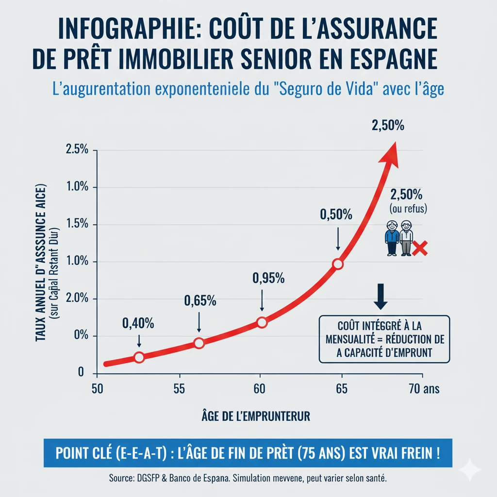 Infographie montrant l'augmentation exponentielle du taux d'assurance de prêt en fonction de l'âge en Espagne