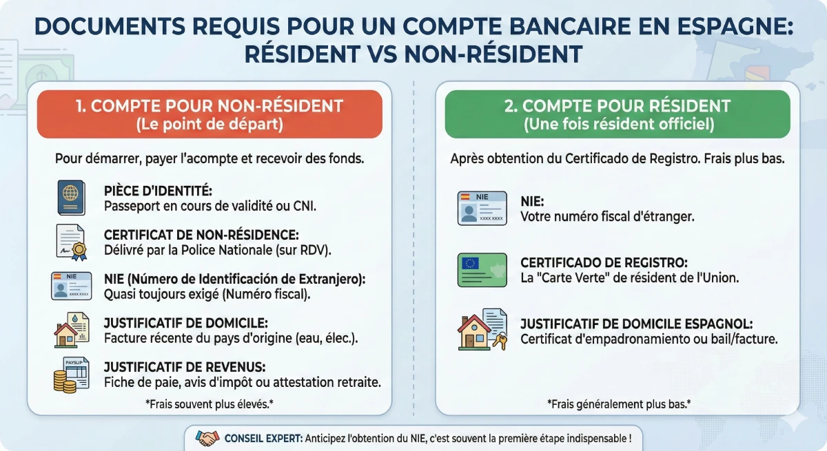 Infographie décrivant les documents nécessaires pour ouvrir un compte bancaire en Espagne (Résident vs Non-Résident)