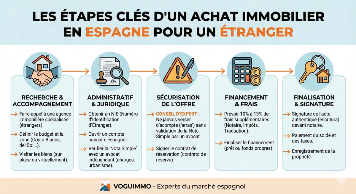 Infographie décrivant les étapes d'achat immobilier en Espagne pour un étranger