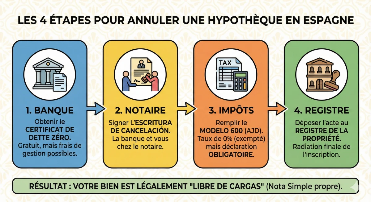 Infographie décrivant les 4 étapes pour annuler une hypothèque en Espagne : Banque, Notaire, Impôts, Registre