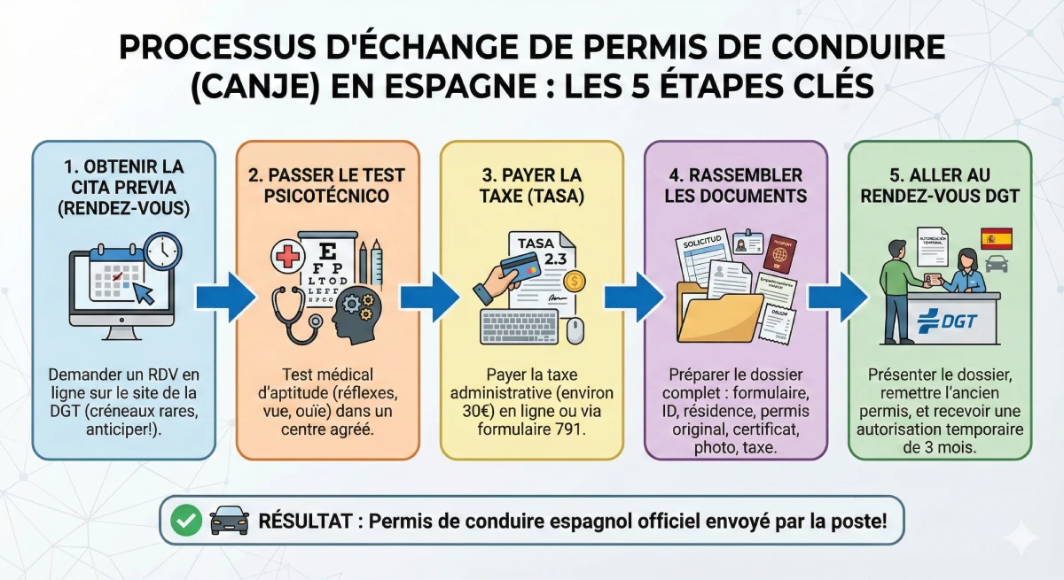 Infographie décrivant les 5 étapes pour échanger son permis de conduire (Canje) en Espagne