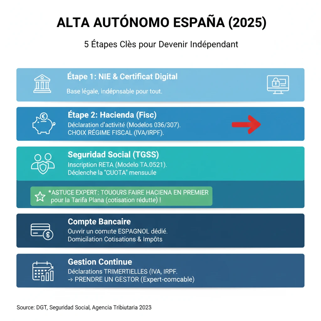 Infographie décrivant les 5 étapes pour s'inscrire en tant qu'autónomo en Espagne