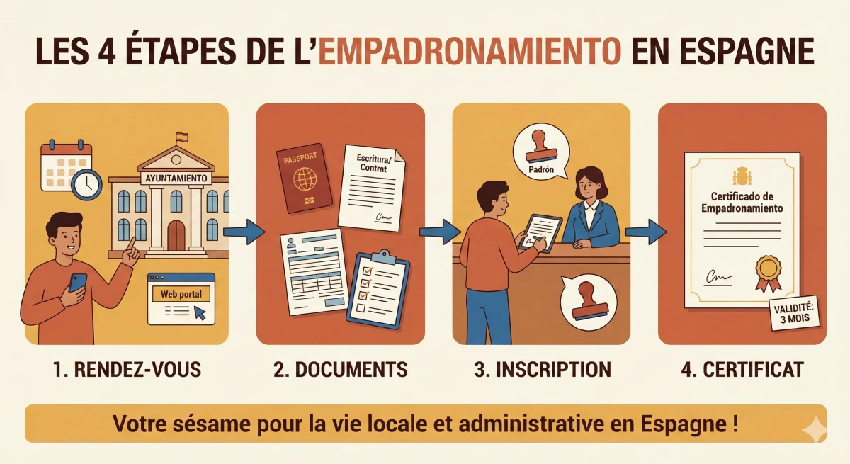 Infographie décrivant les 4 étapes de l'Empadronamiento en Espagne : Rendez-vous, Documents, Inscription, Certificat