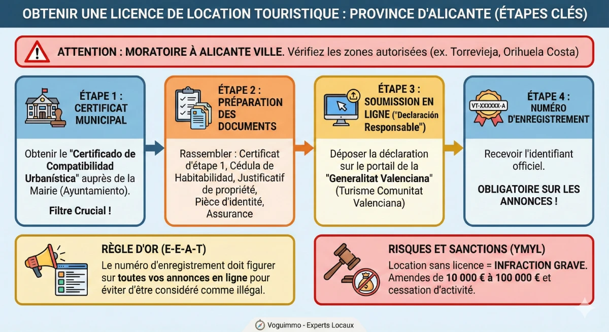 Infographie résumant les étapes pour obtenir une licence touristique à Alicante