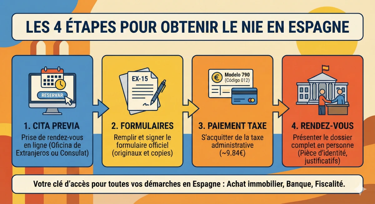 Infographie décrivant les 4 étapes pour obtenir le NIE : Cita Previa, Formulaires, Paiement Taxe, Rendez-vous