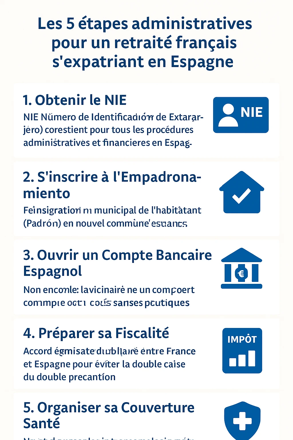 Infographie décrivant les 5 étapes administratives pour un retraité français s'expatriant en Espagne