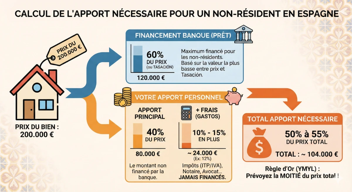 Infographie montrant le calcul de l'apport nécessaire pour un non-résident en Espagne (60% prêt, 40% apport + frais)