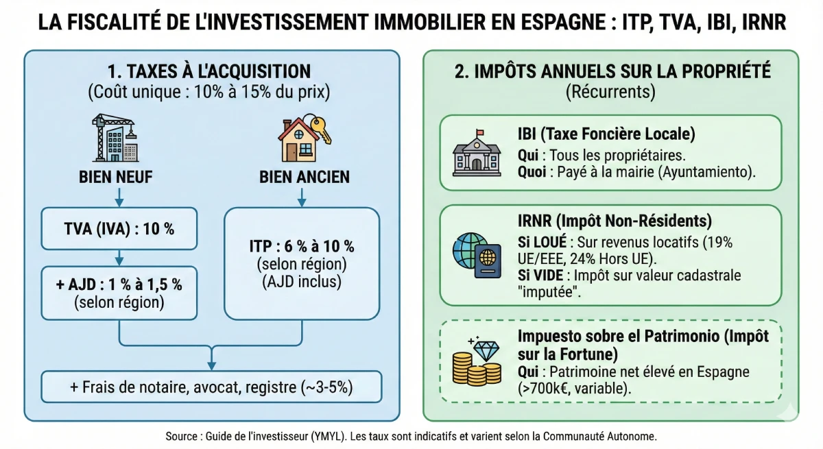 Infographie décrivant les différentes taxes pour l'investissement immobilier en Espagne : ITP, TVA, IBI, IRNR