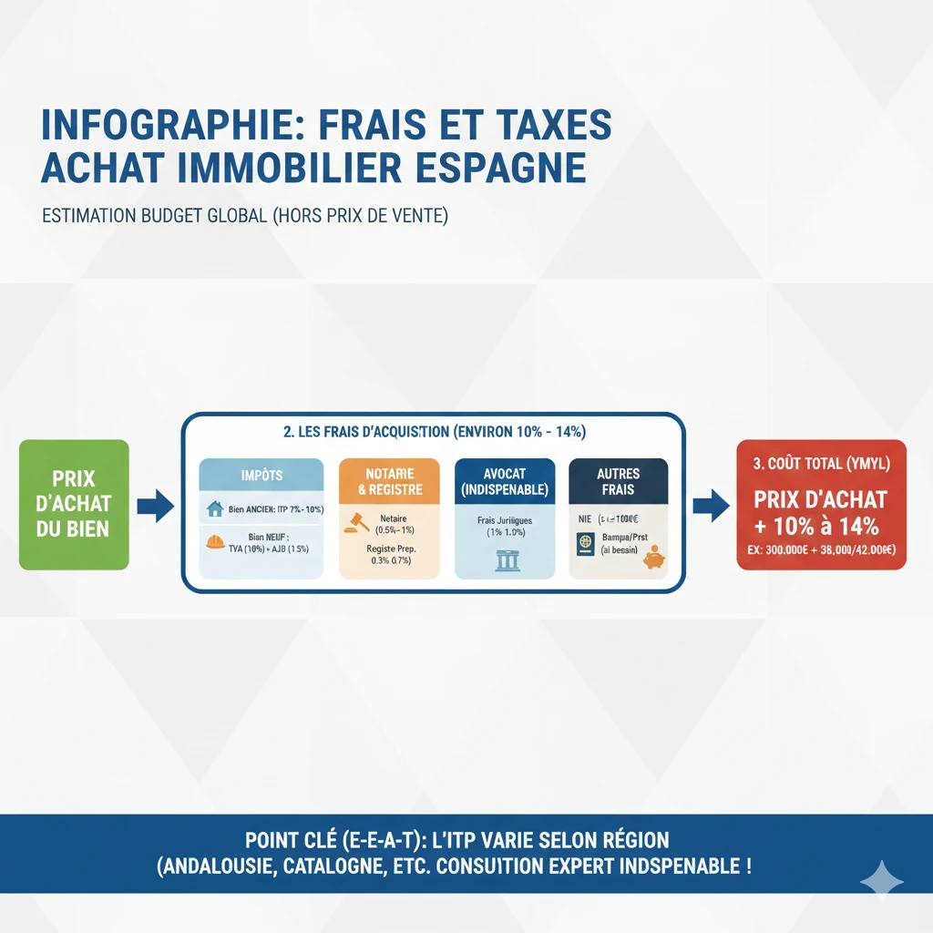 Infographie décrivant les frais et taxes d'un achat immobilier en Espagne (ITP, Notaire, Avocat)
