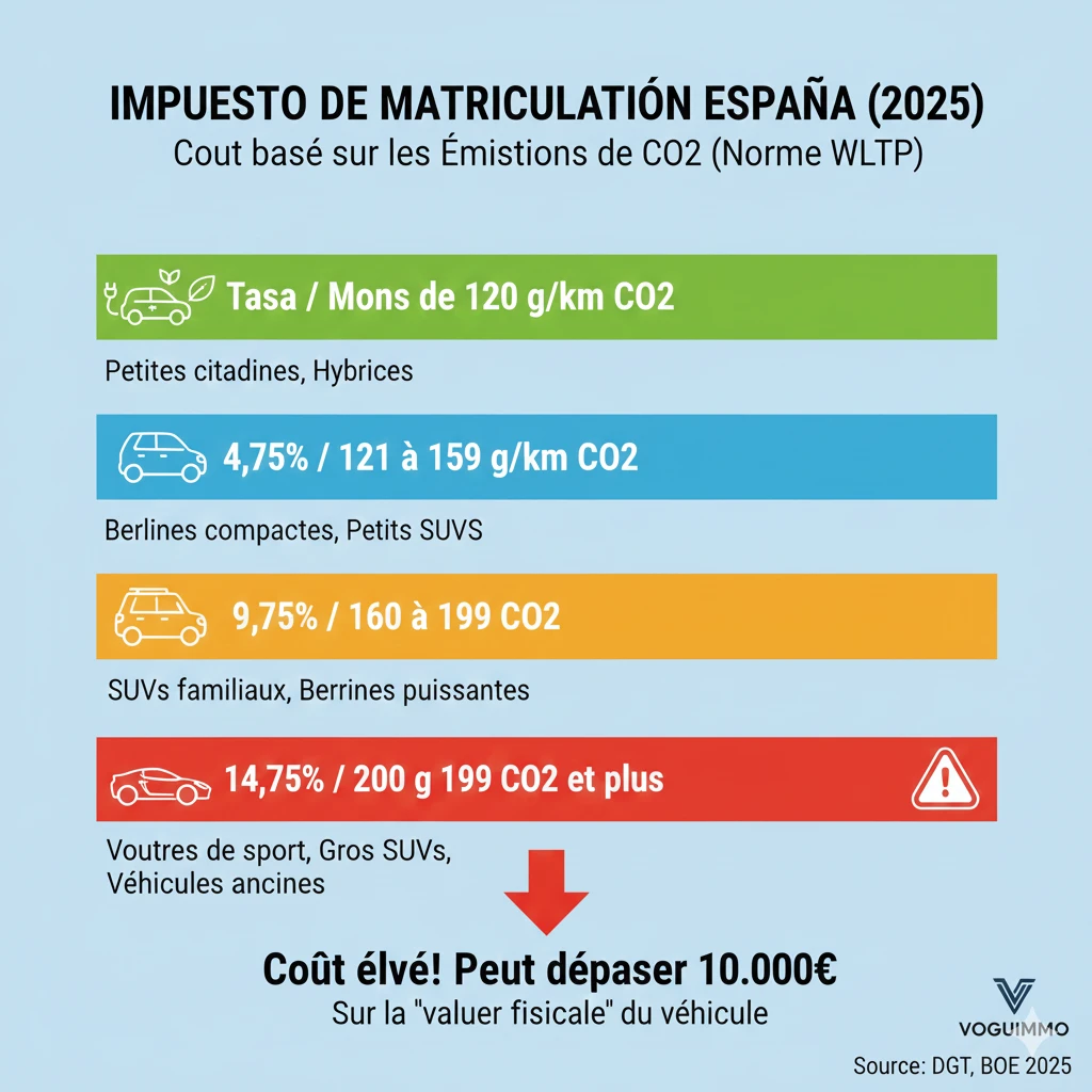 Infographie décrivant les tranches de l'impôt d'immatriculation en Espagne basé sur les émissions de CO2 en 2025