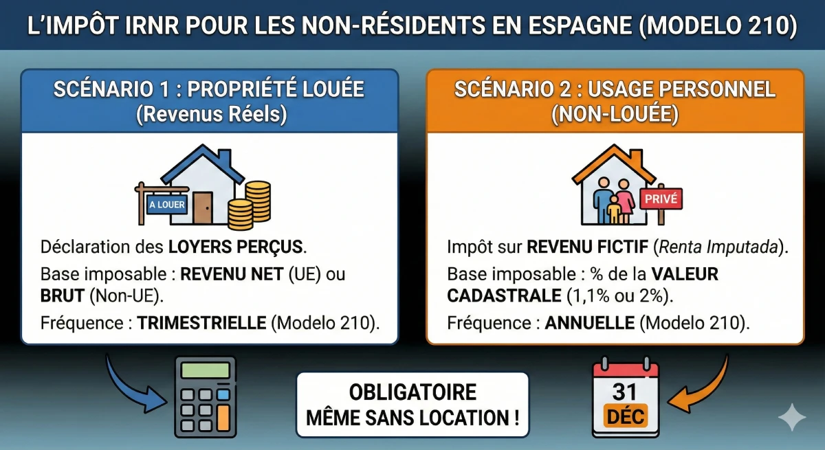 Infographie expliquant l'impôt IRNR pour les non-résidents en Espagne (loué vs non-loué)
