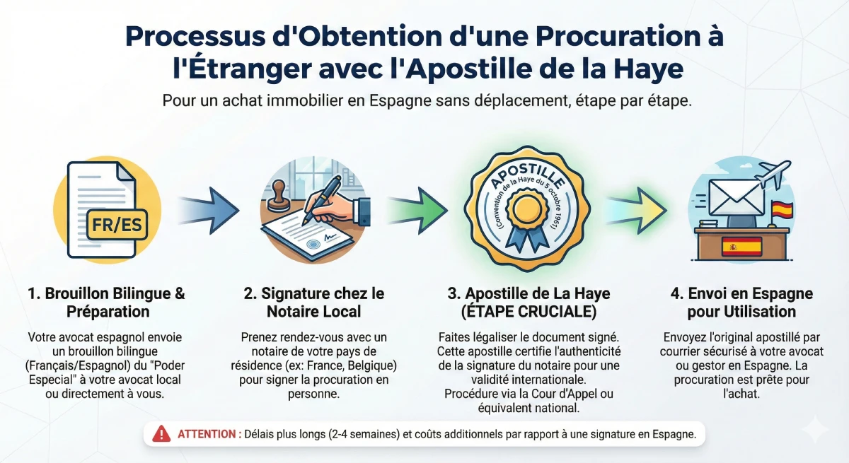 Infographie décrivant le processus d'obtention d'une procuration à l'étranger avec l'Apostille de la Haye