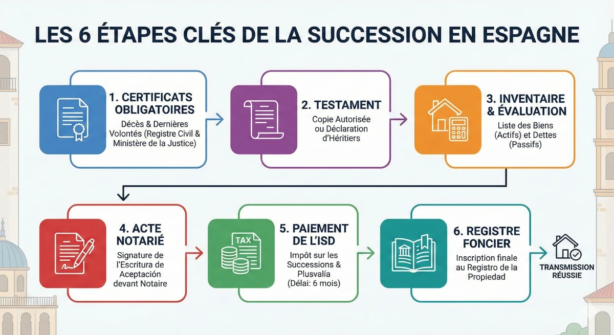 Infographie décrivant les 6 étapes de la succession en Espagne : certificat de décès, testament, inventaire des biens, paiement de l'ISD, acte notarié, et registre foncier.