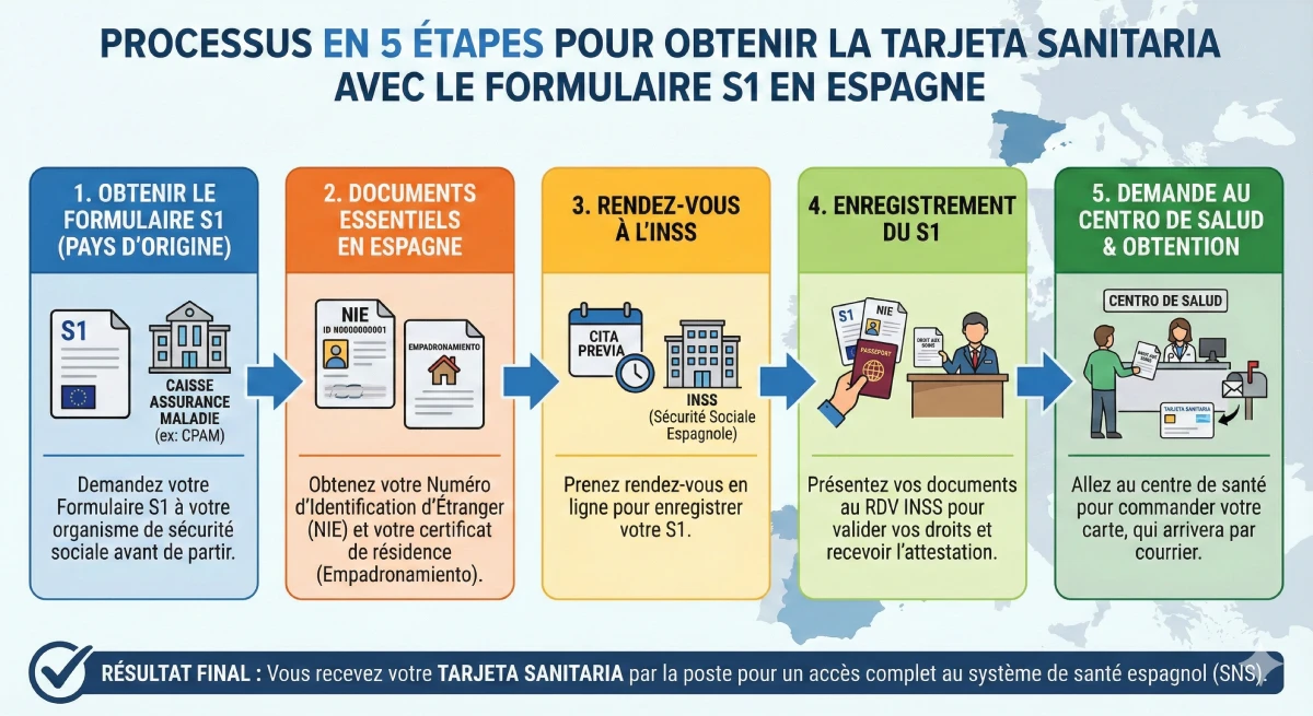 Infographie décrivant le processus en 5 étapes pour obtenir la Tarjeta Sanitaria avec le formulaire S1 en Espagne