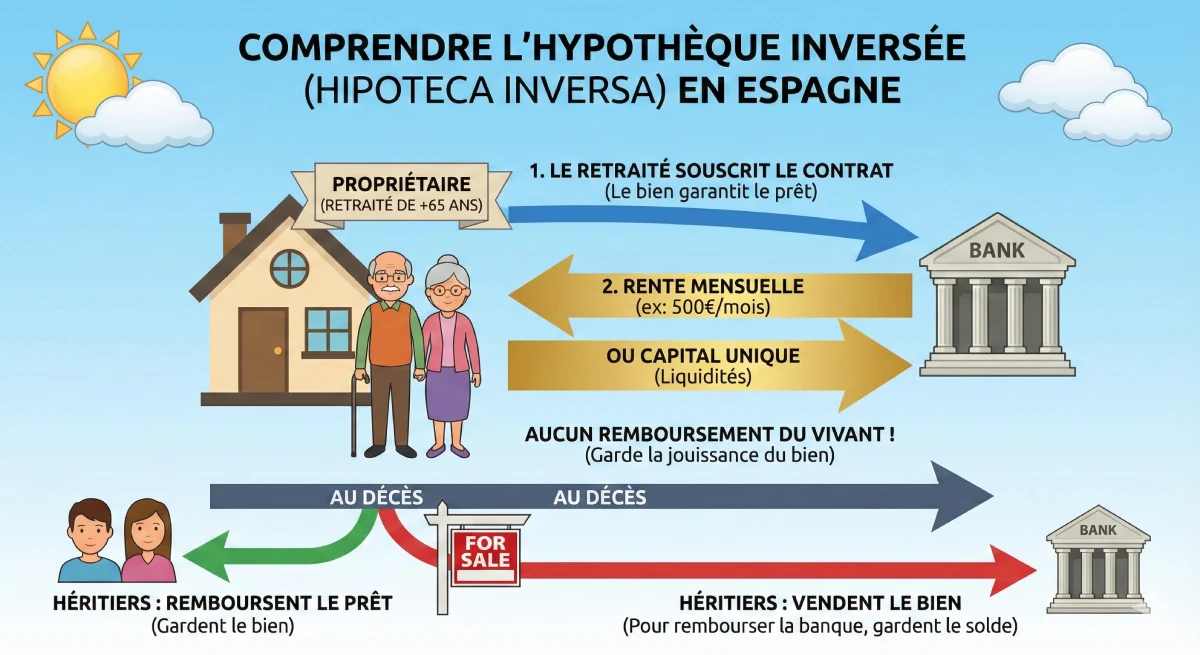 Infographie décrivant le fonctionnement de l'hypothèque inversée (Hipoteca Inversa) en Espagne pour les retraités