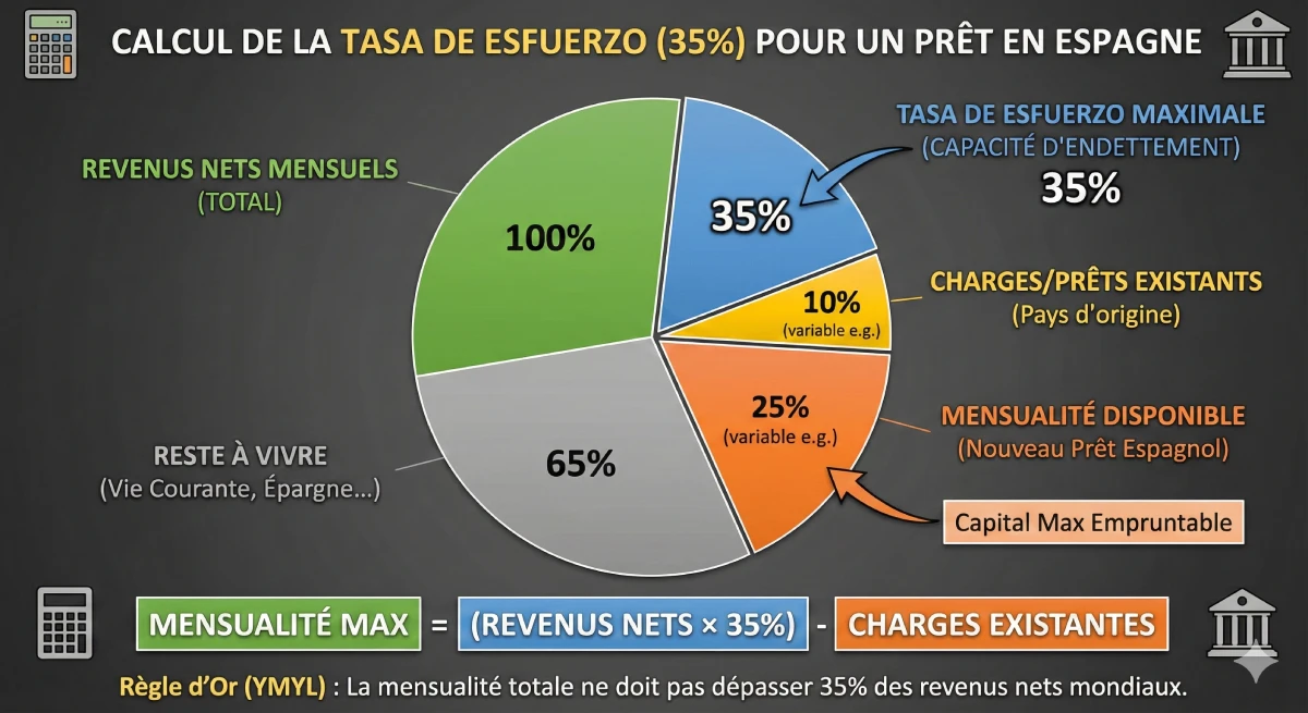 Infographie expliquant le calcul de la tasa de esfuerzo (35%) pour un prêt en Espagne