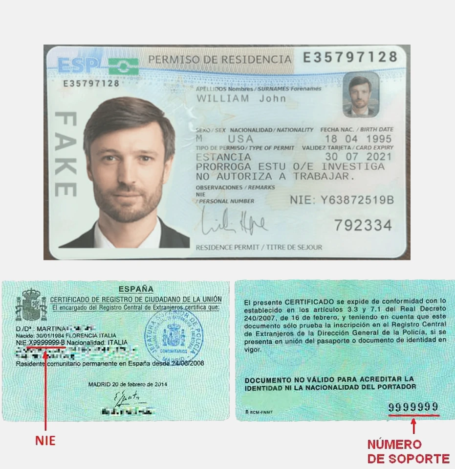 Exemple d'une carte de résident TIE et d'un certificat NIE vert en Espagne