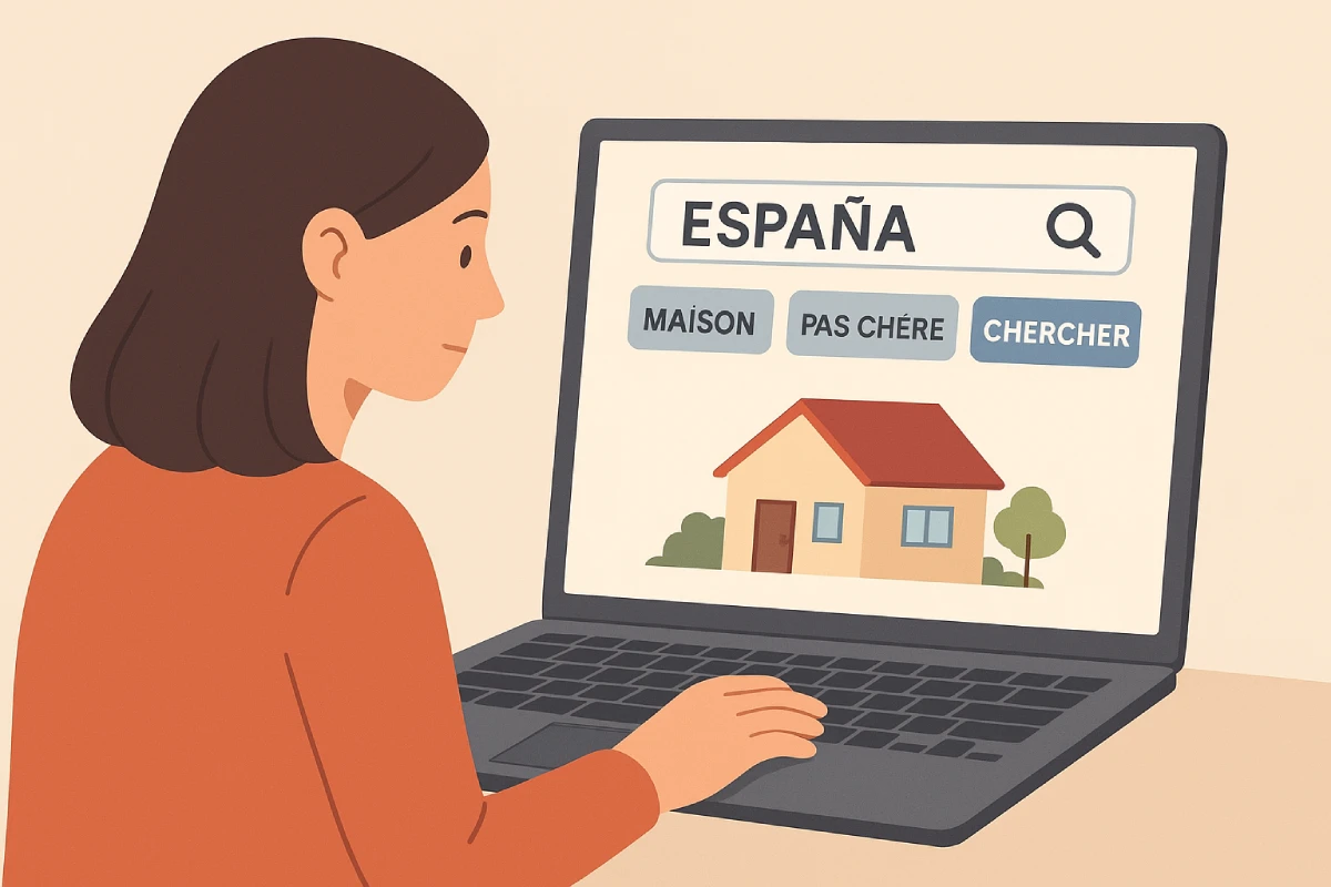 Personne utilisant un filtre de recherche sur un portail immobilier pour trouver une maison pas chère en Espagne