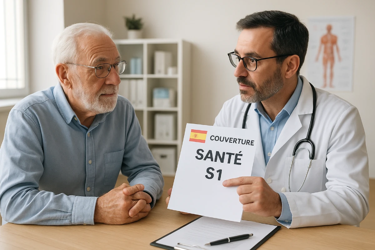 Retraité français en consultation chez un médecin en Espagne, discutant de sa couverture santé S1