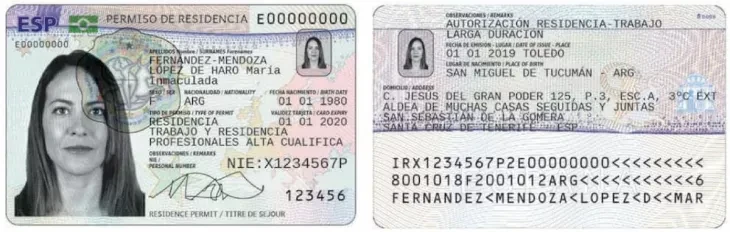 Exemple de la carte TIE (Tarjeta de Identidad de Extranjero), la carte de résidence biométrique pour les non-européens en Espagne