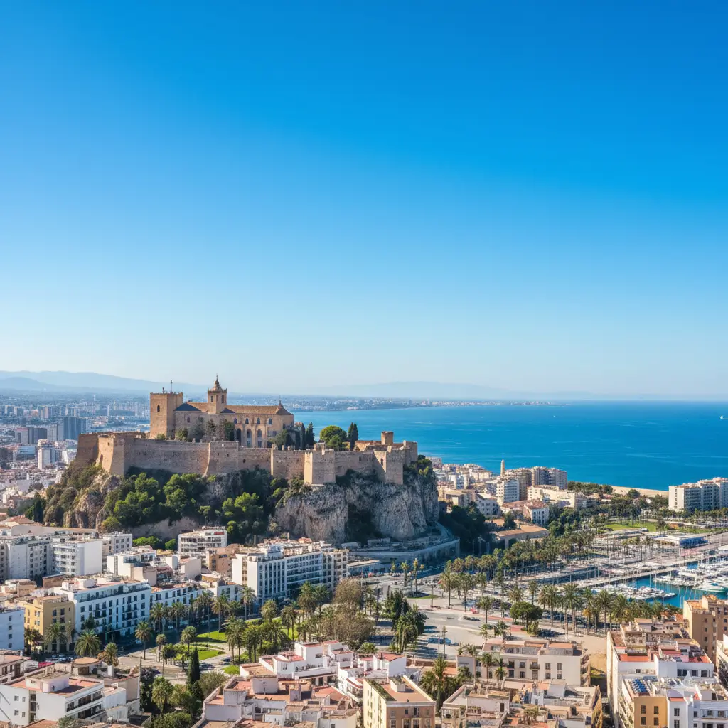 Vista panorámica de Alicante (Alacant) con el Castillo de Santa Bárbara y la costa mediterránea