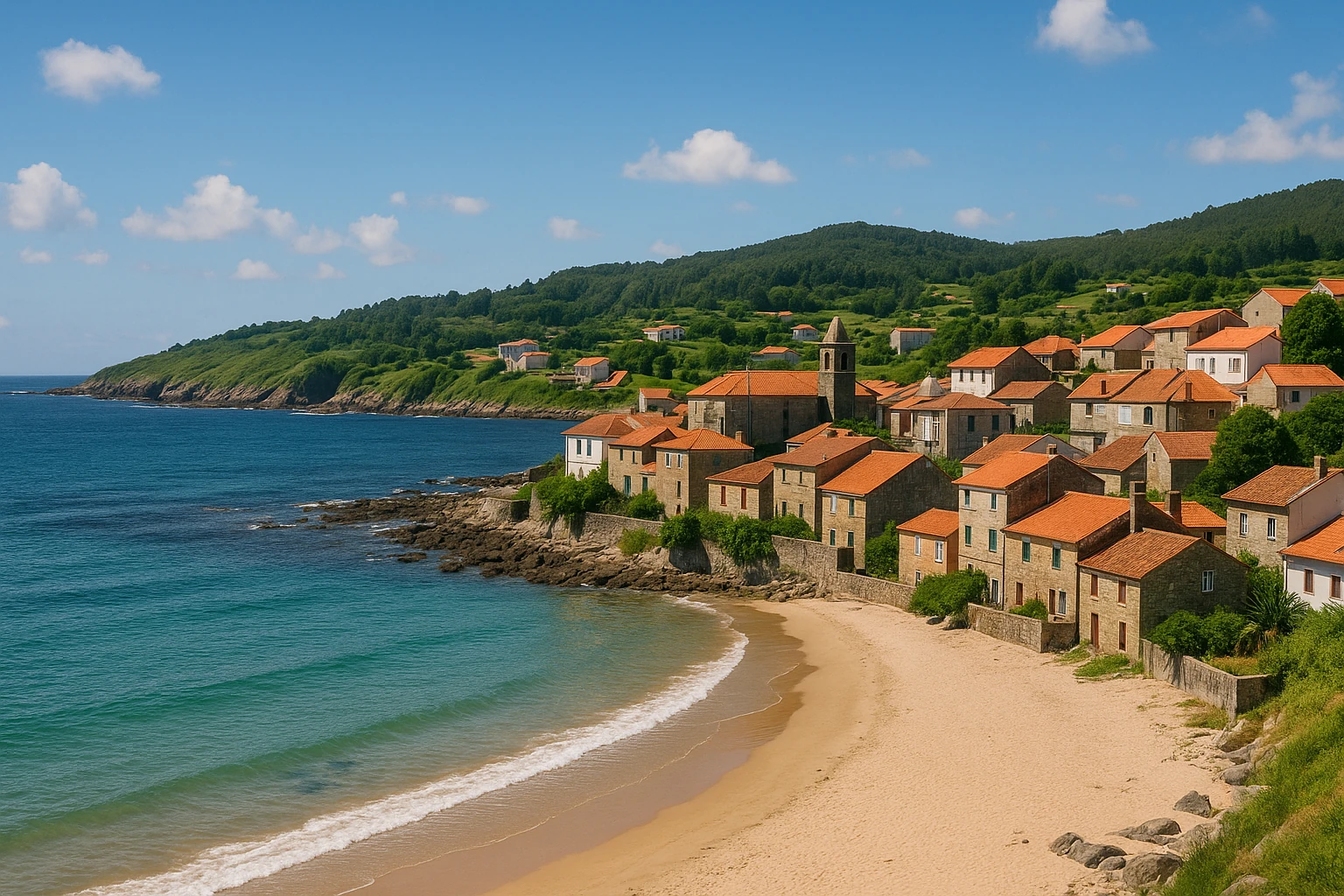 Fastigheter Galicien: Vy över en kustby i Galicien, Spanien, med en gyllene sandstrand, turkosa Atlantvatten, stenhus med röda tak och grönskande kullar i bakgrunden under en blå himmel med vita moln.