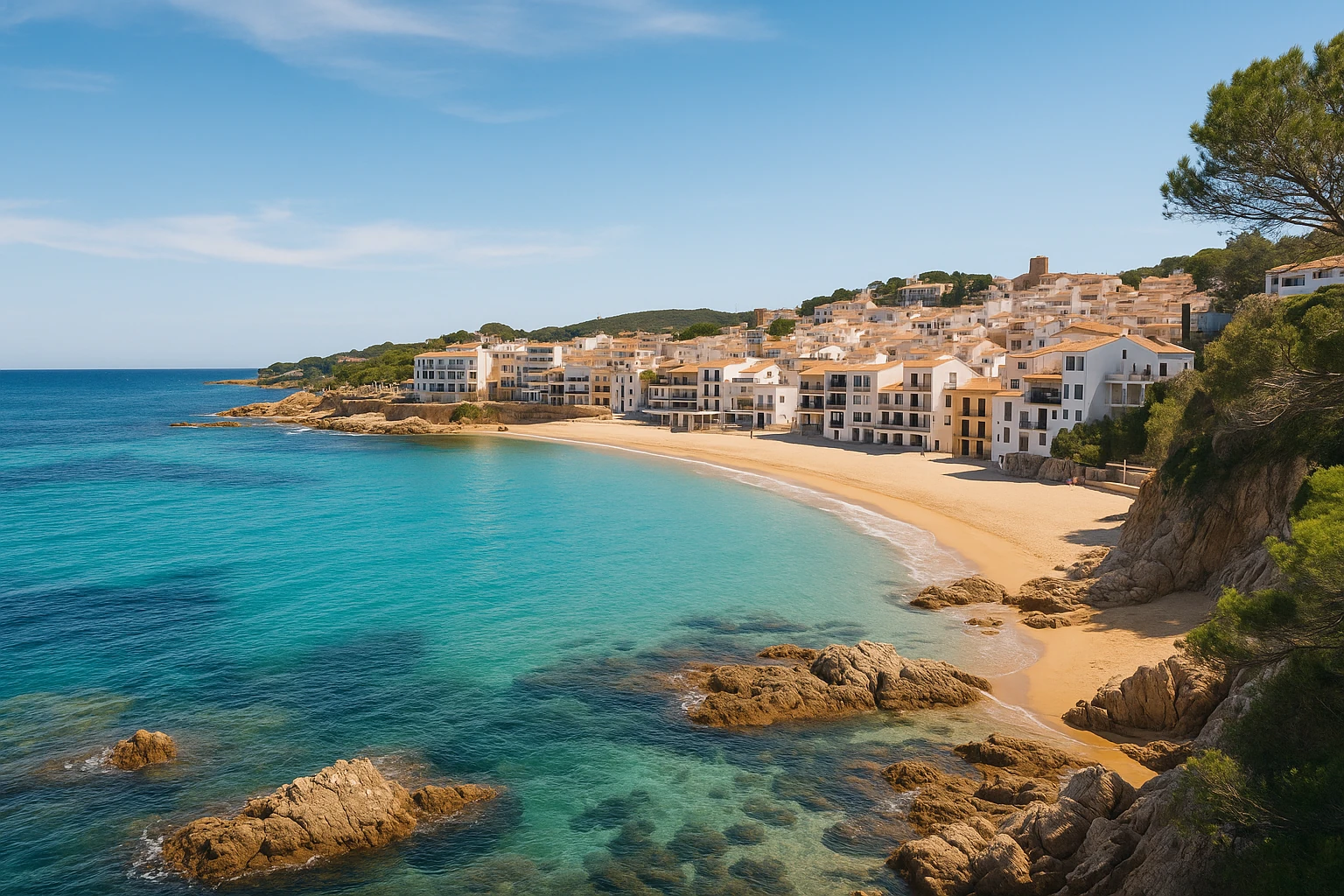 Immobilien Katalonien: Blick auf goldenen Sandstrand, türkisfarbenes Meer, weiße Häuser mit Ziegeldächern und grüne Hügel im Hintergrund, unter klarem blauem Himmel.