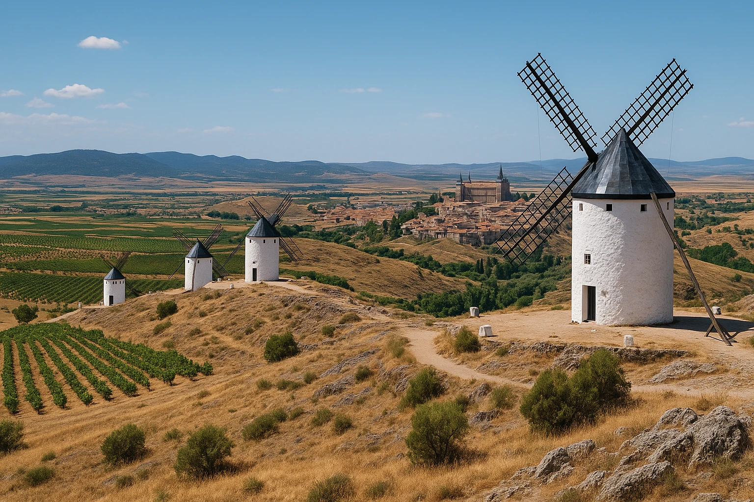 Panorama de Castille‑La Manche avec moulins de style Consuegra au premier plan, vignes et champs dorés, et silhouette historique de Tolède au loin sous un ciel bleu d’été.