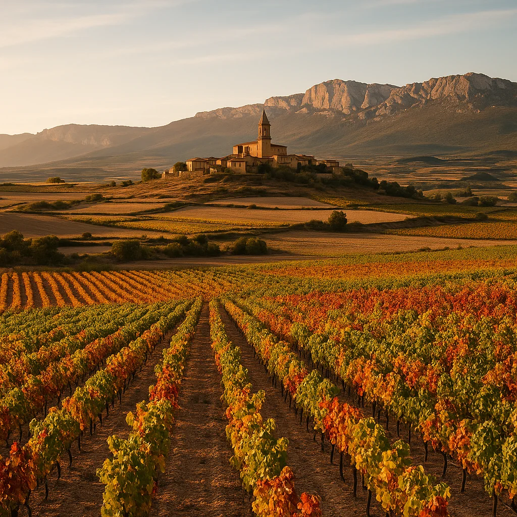 Inmuebles La Rioja: Vista panorámica de un viñedo de colores en La Rioja, España, al atardecer, con un pueblo pintoresco y montañas al fondo.